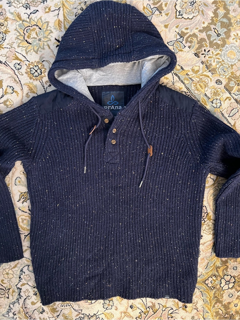 Prana Navy Speckled Knit Hooded Crewneck Sweater
